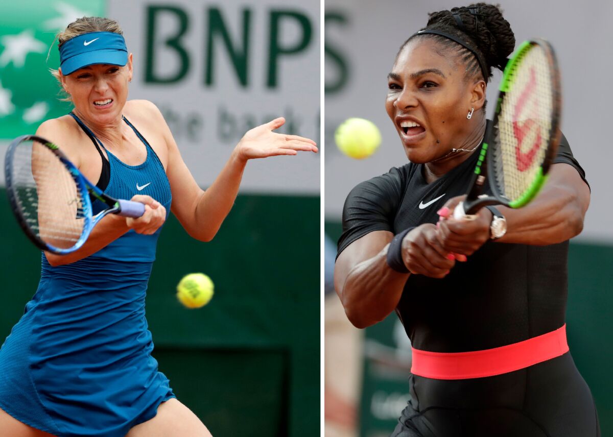 (COMBO/FILES) This combination of file photos created on June 3, 2018, shows Russia's Maria Sharapova (L) on May 29, 2018, and (R) Serena Williams of the US on June 2, 2018. Both during play in the French Open. - Williams will begin her quest for a seventh US Open title and record-tying 24th Grand Slam victory against Maria Sharapova in the US Open women's singles draw unveiled on August 22, 2019. Williams has dominated the Russian star in their head-to-head rivalry, winning 19 times with only two defeats, including their past 18 meetings, most recently at the 2016 Australian Open quarter-finals. (Photo by Thomas SAMSON / AFP)THOMAS SAMSON/AFP/Getty Images ** OUTS - ELSENT, FPG, CM - OUTS * NM, PH, VA if sourced by CT, LA or MoD **