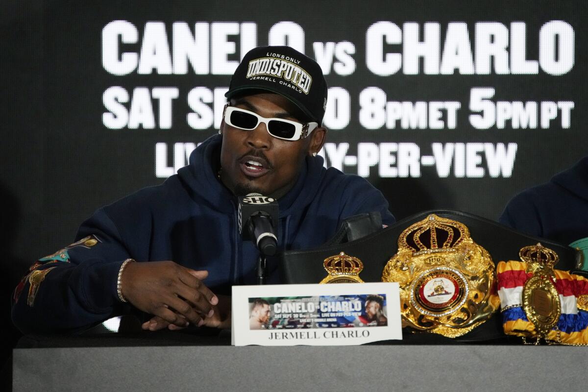 Jermell Charlo speaks during a news conference in Las Vegas.