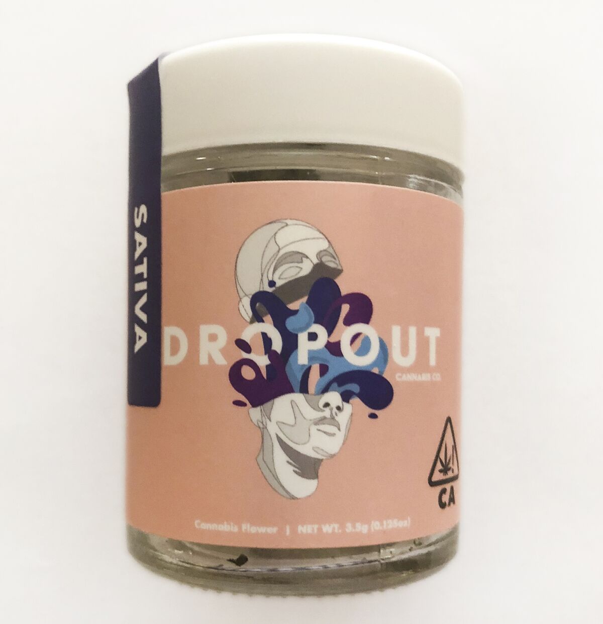 A glass jar of Headbanger sativa cannabis flower from Dropout Cannabis Co.