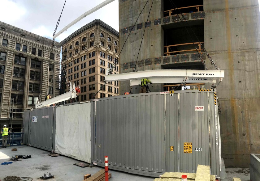 The CitizenM hotel is nearing completion at West 4th and South Spring streets in downtown Los Angeles.