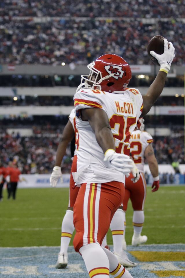 Chiefs running back LeSean McCoy celebrates after scoring touchdown against the Chargers in Mexico City.