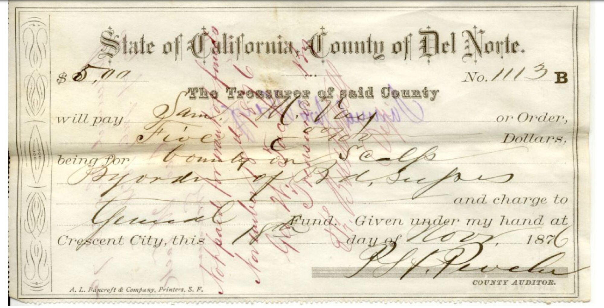 Original receipt for "bounty on scalp" in the amount of $5