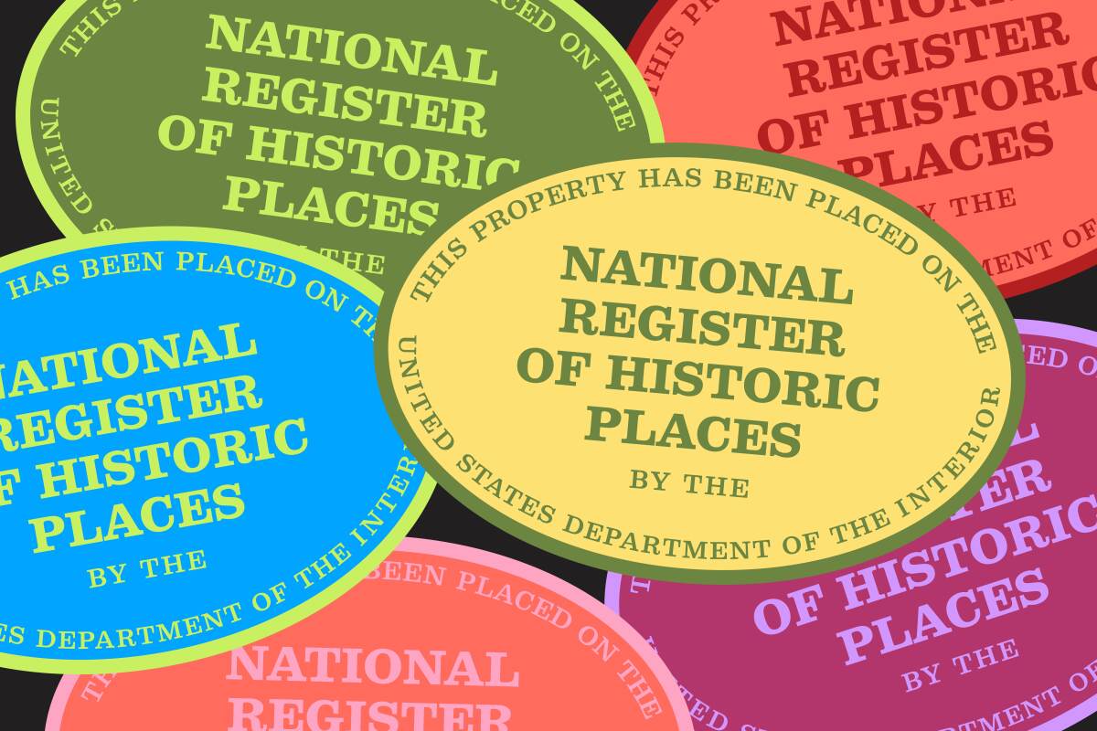 Colorful oval labels for a property that has been placed on the National Register of Historic Places.