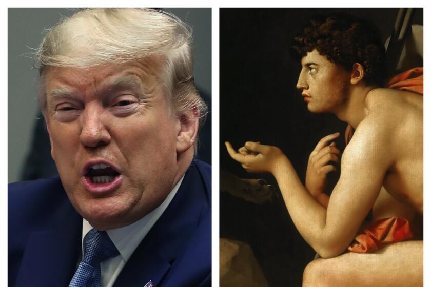 President Trump and a detail of "Oedipus and the Sphinx," in the collection of Louvre in Paris.