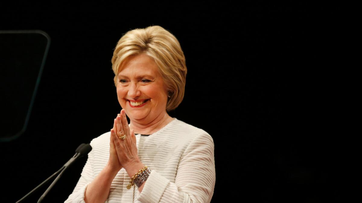 Hillary Clinton thanks her supporters at a rally in Brooklyn, N.Y., on Tuesday night.