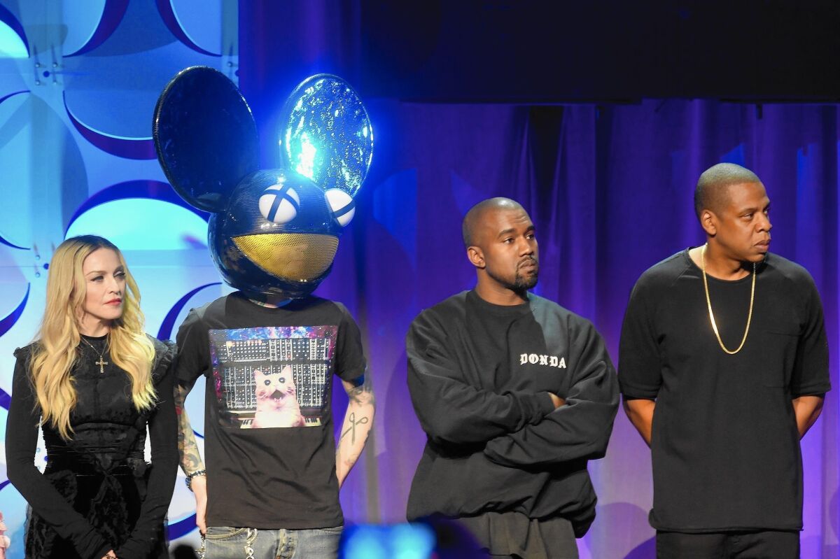 Madonna, Deadmau5, Kanye West and Jay Z at the Tidal launch event #TIDALforALL at Skylight at Moynihan Station on March 30, 2015, in New York City.