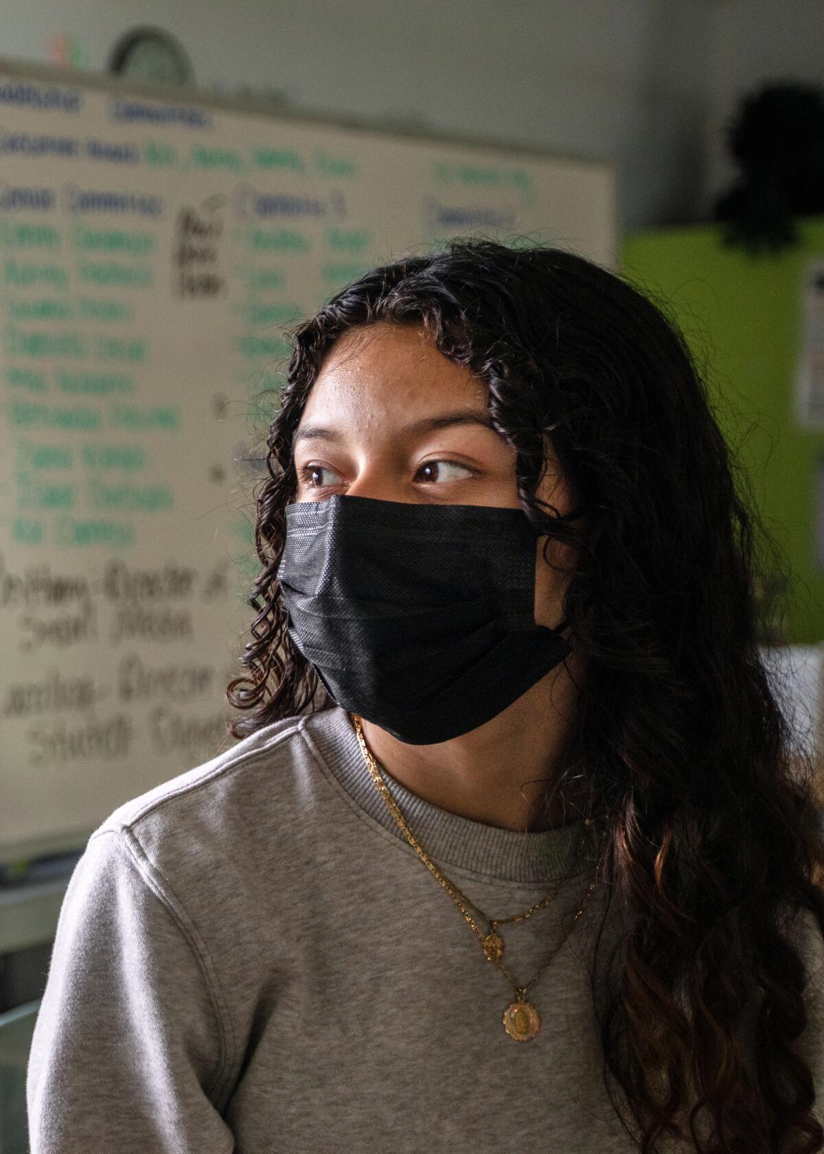 The face of  Emily Gramajo, with long brown hear and wearing a black mask