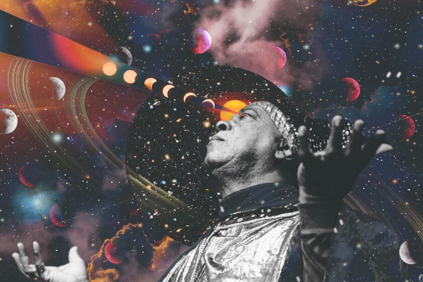 Collage of Sun Ra with his hands up surrounded by planets, galaxies, and Saturn's rings while moon shapes beam from his eye