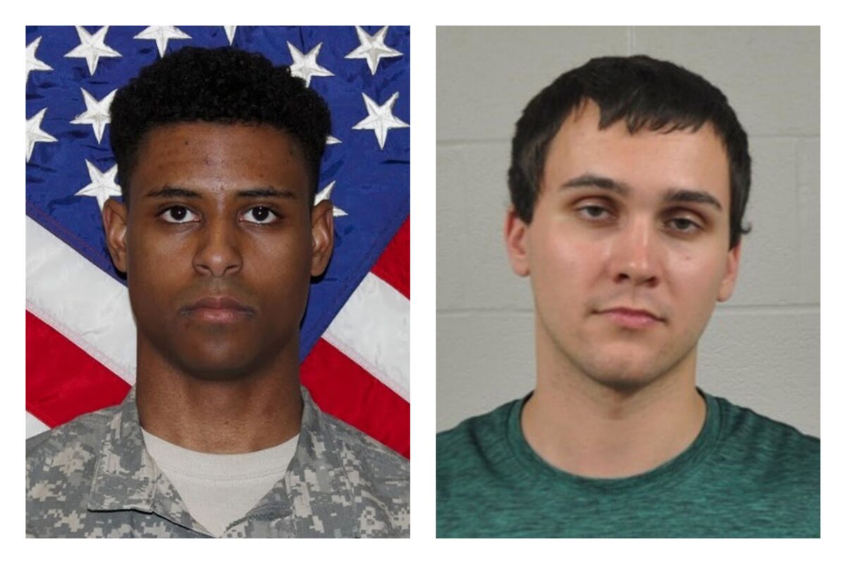 FILE - This combination of photos provided by the U.S. Army and the University of Maryland Police Department shows Richard Collins III, left, and Sean Urbanski. Urbanski, a white man serving a life sentence for stabbing Richard Collins III, a Black college student to death at a bus stop at the University of Maryland has asked the state’s second highest court to throw out his murder conviction. (U.S. Army, University of Maryland Police Department via AP, File)