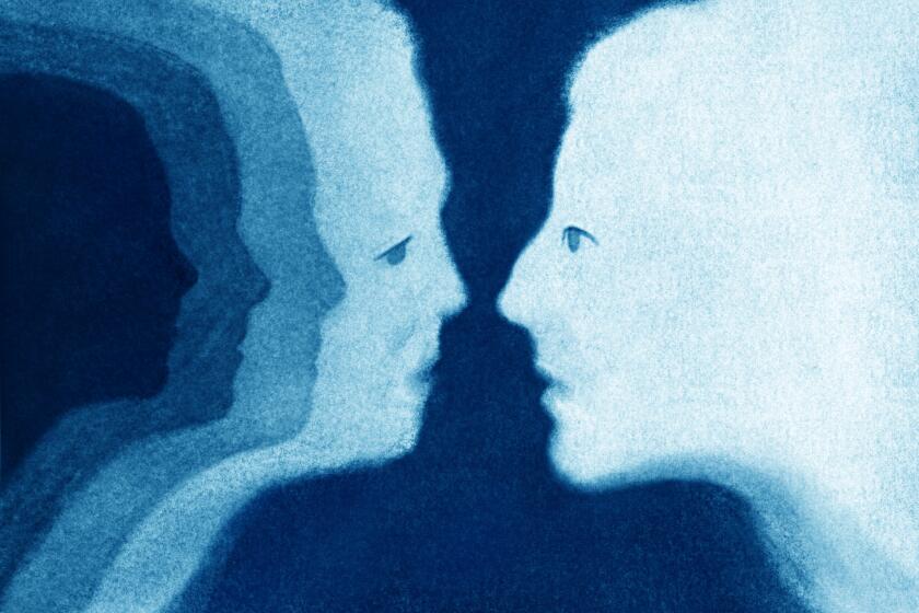 illustration of a man with a series of faces cascading inside him all looking at another man 