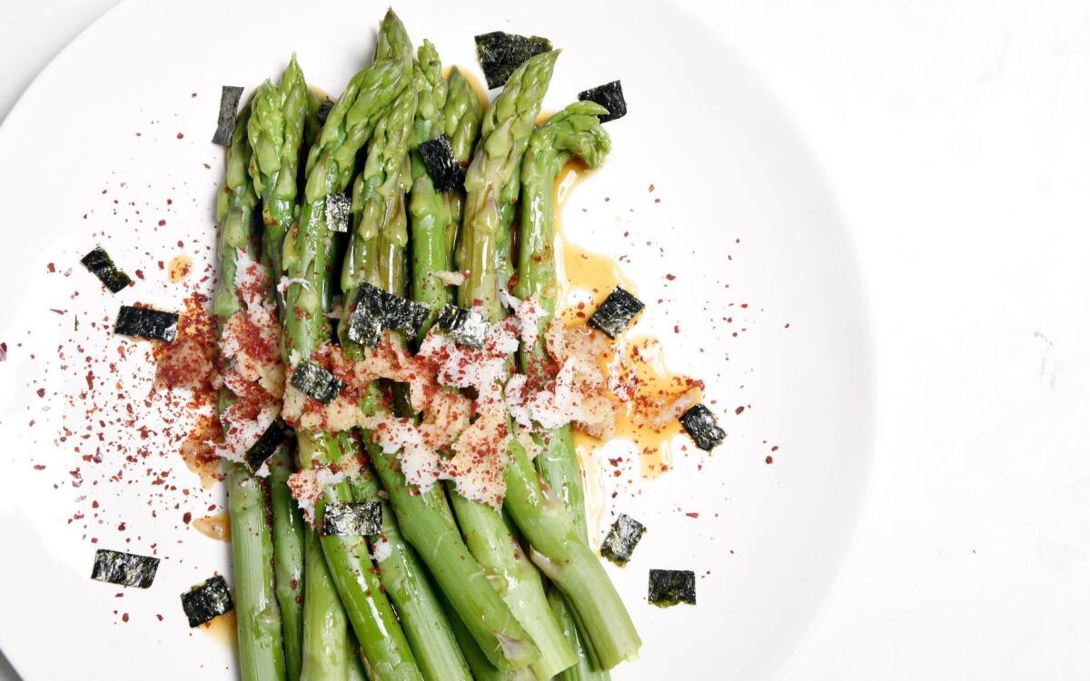 Steamed Asparagus with Tangerine Ponzu, Daikon and Nori