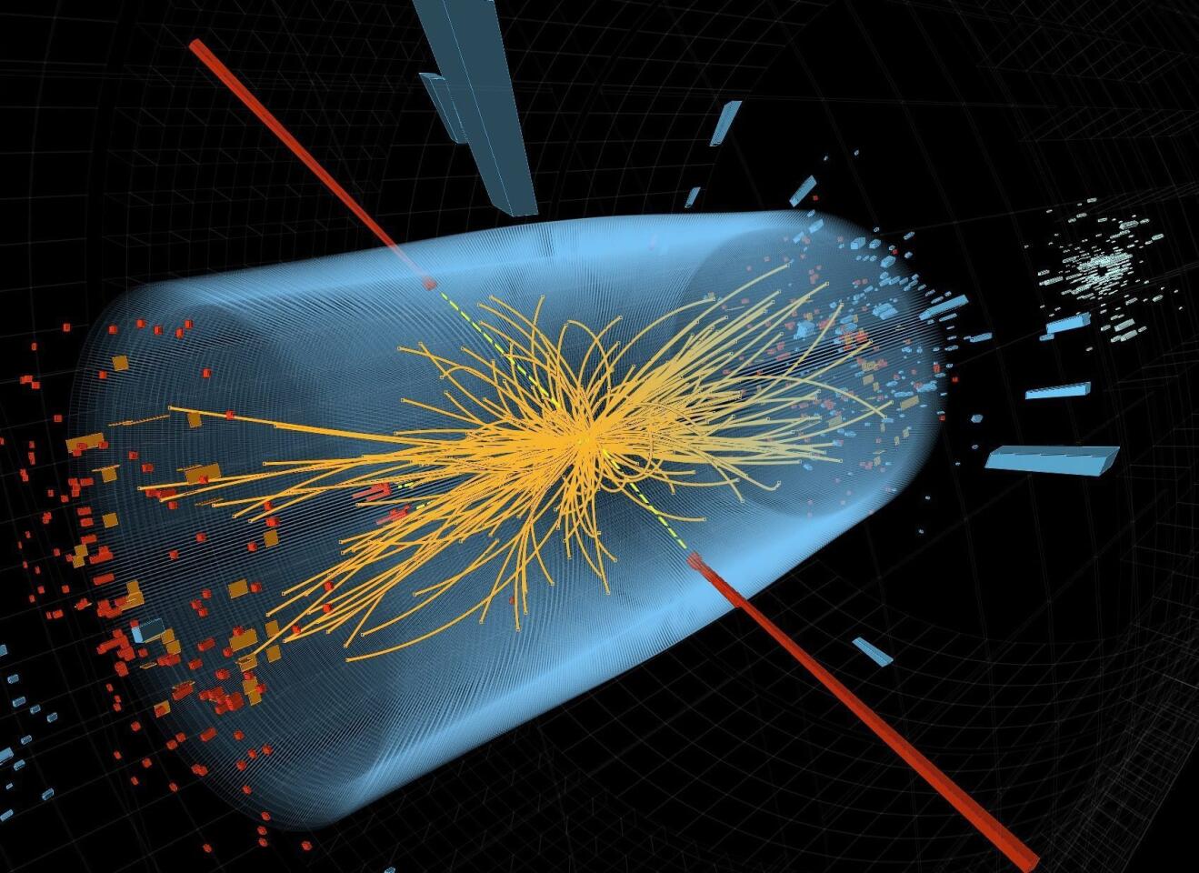 A computer-generated image shows two high-energy photons (depicted as red beams) being smashed together in the Large Hadron Collider at the European Organization for Nuclear Research (CERN). In 2015 the world's largest particle accelerator turns back on with double the amount of energy.