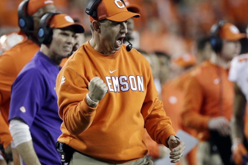 Clemson head coach Dabo Swinney reacts after his defense held on a fourth down play during the second half of the NCAA college football playoff championship game against Alabama, Monday, Jan. 7, 2019, in Santa Clara, Calif. (AP Photo/David J. Phillip)