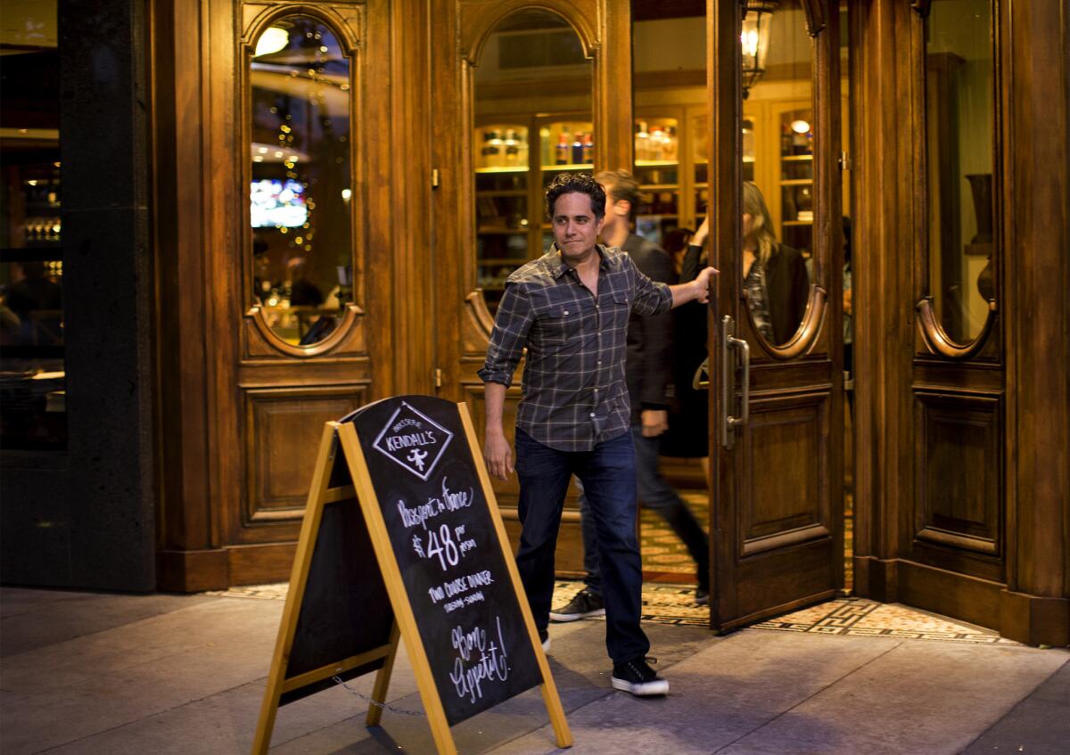 LOS ANGELES, CA - APRIL 25, 2017 : Playwright Rajiv Joseph leaves Kendall's restaurant after an early dinner on the evening of opening night of a preview performance for his new play "Archduke" at Kendall's restaurant inside the Music Center on April 25, 2017 in Los Angeles, California.(Gina Ferazzi / Los Angeles Times)