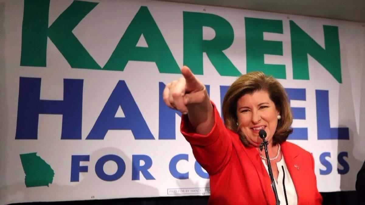 Republican candidate Karen Handel thanks supporters ahead of her win in Georgia's 6th District race against Democrat Jon Ossoff.