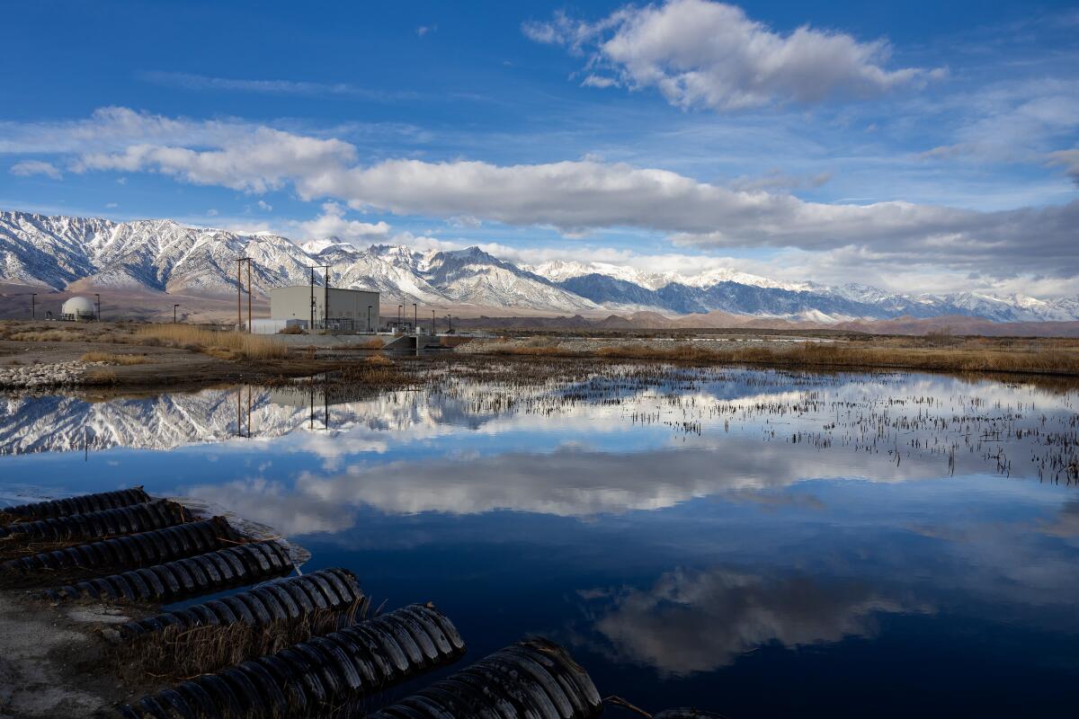 Clouds and the Sierra crest are reflected in the Owens River.