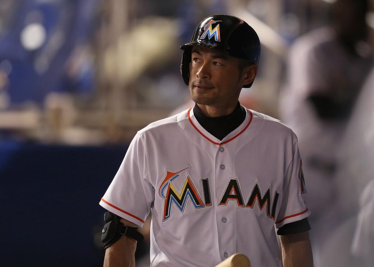 MIAMI, FL - JUNE 26: Ichiro Suzuki #51 of the Miami Marlins reacts after striking out swinging during the eighth inning of the game against the Los Angeles Dodgers at Marlins Park on June 26, 2015 in Miami, Florida. (Photo by Rob Foldy/Getty Images) ** OUTS - ELSENT, FPG - OUTS * NM, PH, VA if sourced by CT, LA or MoD **