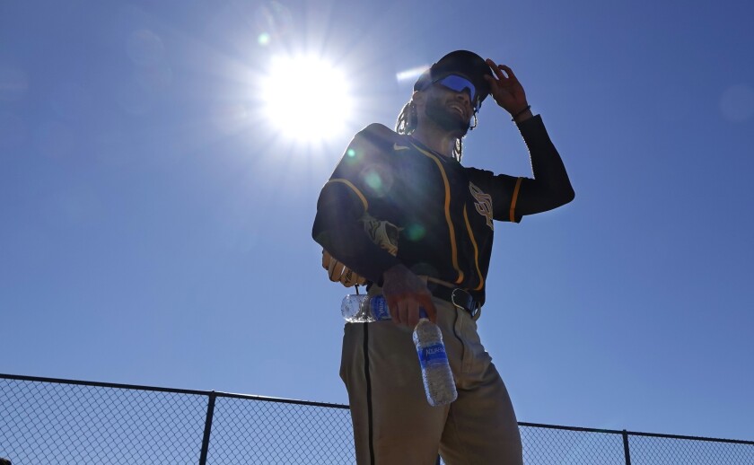 Padres shortstop Fernando Tatis Jr. walks to a field during a spring training workout in February.