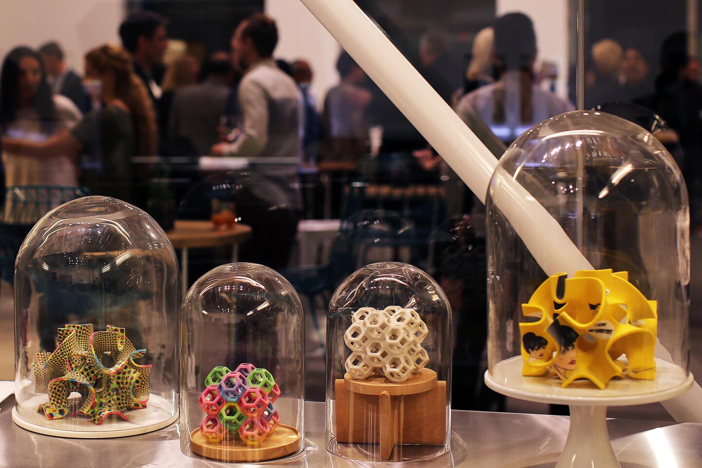 Examples of 3D printed food items on display at the 3DS Culinary Lab in Los Angeles.