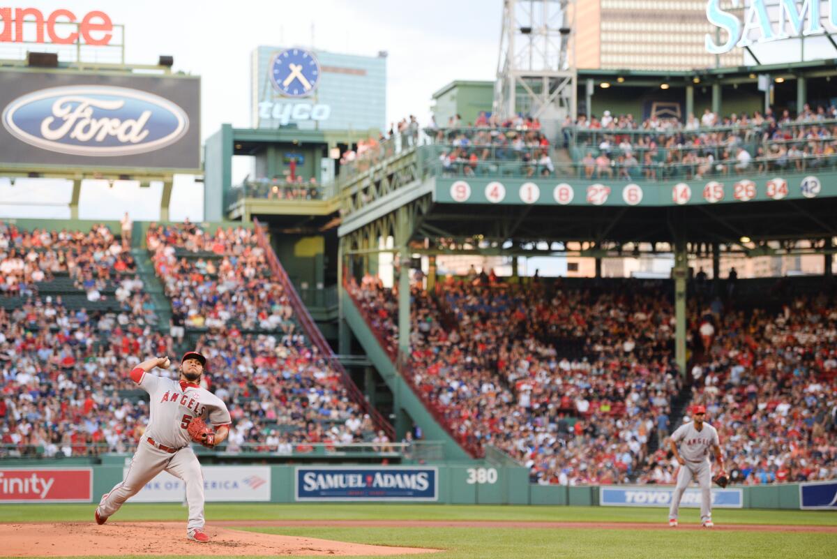 Angels starter Jaime Barria delivers against the Boston Red Sox at Fenway Park on Aug. 9.