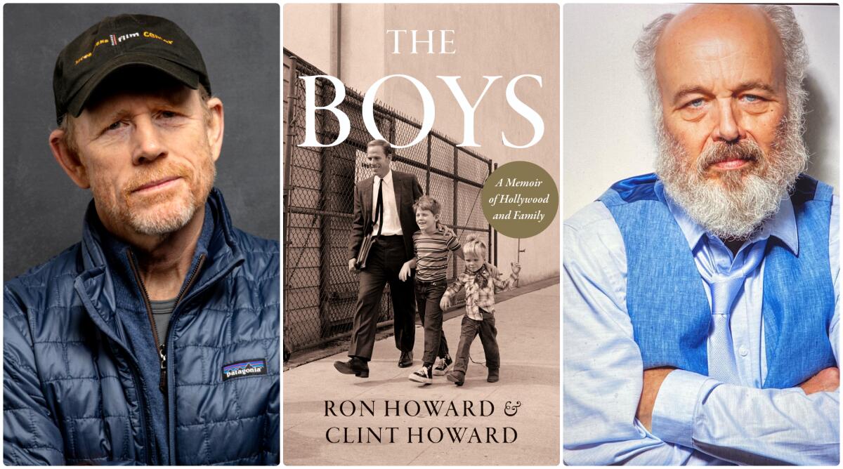 Photos of Ron Howard, left, and of Clint Howard flank the cover of their new memoir, "The Boys" 