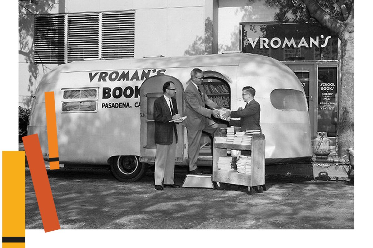 A historical photo of a bookmobile in front of Vroman's Bookstore, which was founded in 1894 by Adam Clark Vroman.