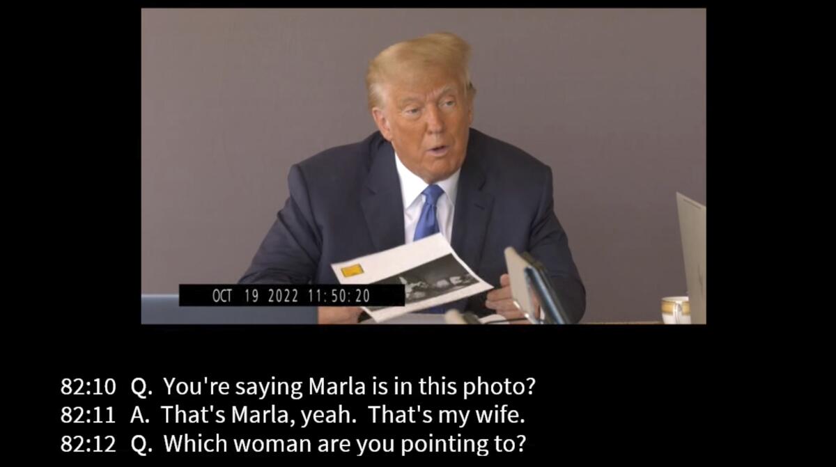 An inset shot of former President Trump holding a photo, above a typed exchange about ex-wife Marla Maples being pictured.