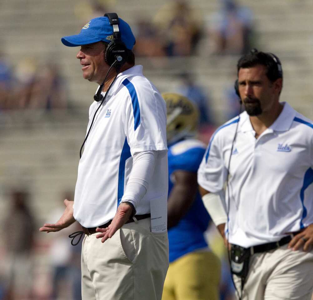 UCLA Coach Jim Mora wonders what happened during an offensive play by the Bruins in the fourth quarter Saturday.