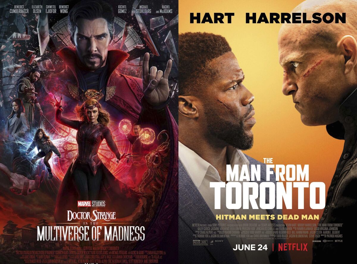 This combination of photos shows promotional art for "Doctor Strange and the Multiverse of Madness” available for streaming Wednesday on Disney+., left, and "The Man from Toronto," a film streaming June 24 on Netflix. (Disney/Netflix via AP)