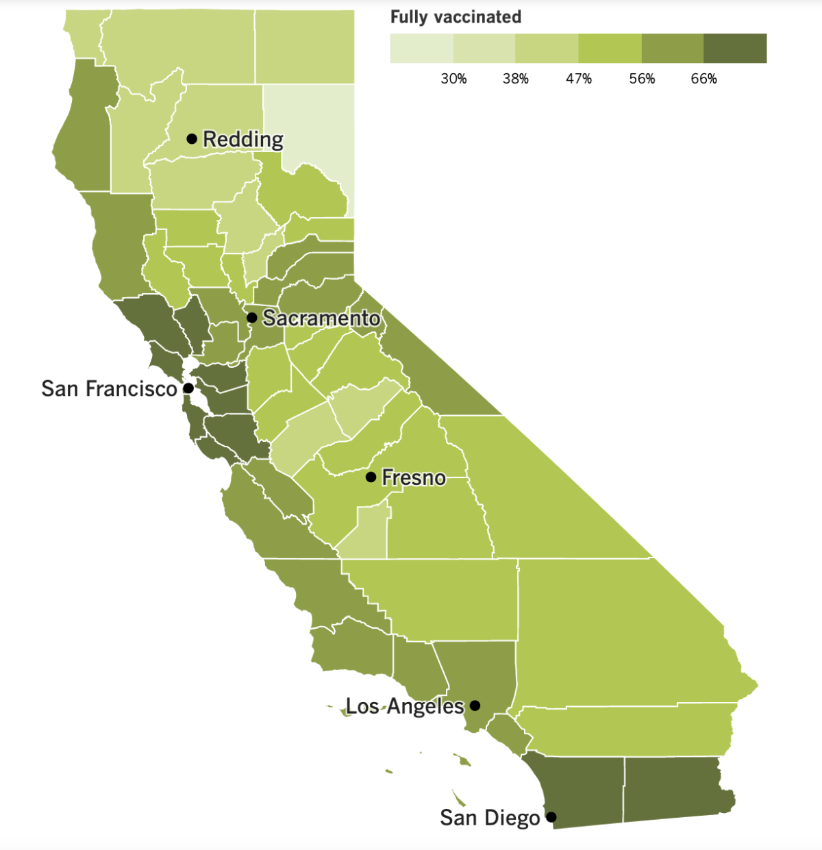 A map showing California's vaccination progress by county.