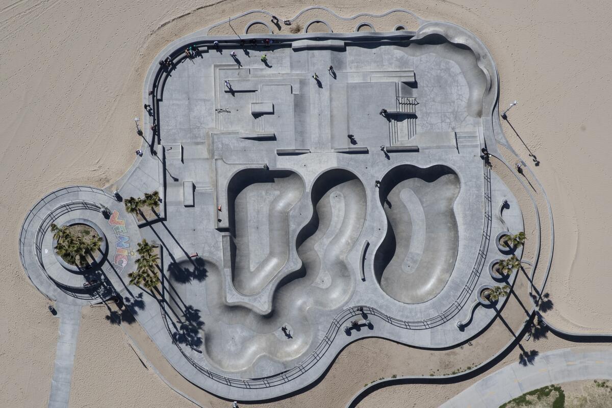 An aerial view of a near empty skatepark in Venice Beach after the coronavirus lockdown
