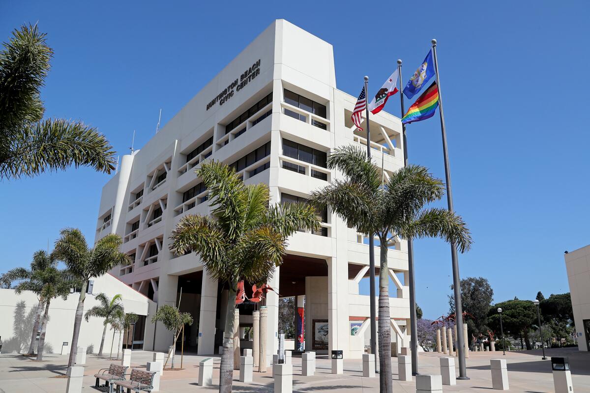 The city of Huntington Beach raised the LGBTQ Pride flag at City Hall in 2021.