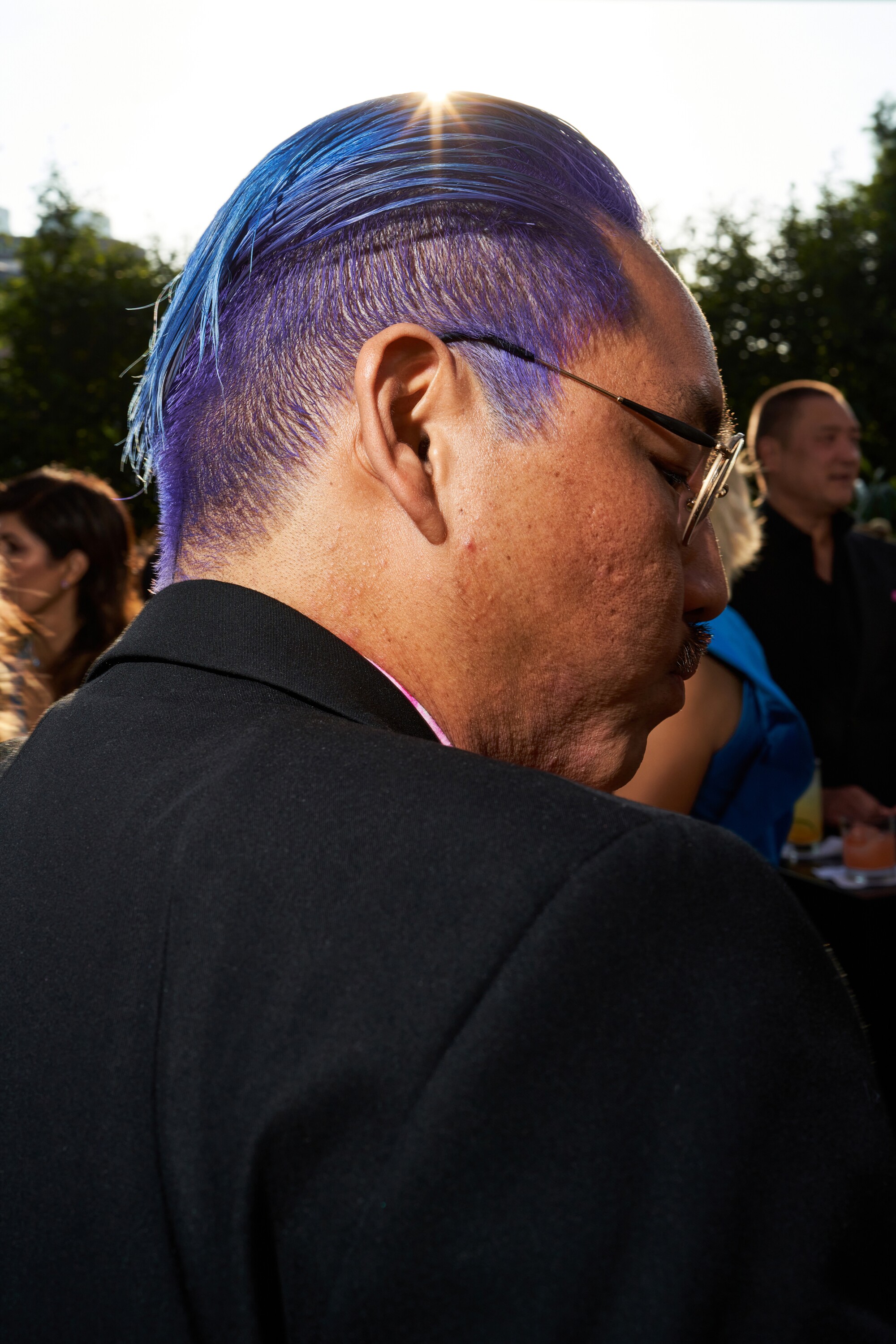 A man, in profile, shows his blue and purple hairstyle to the camera.