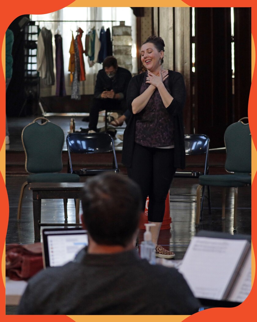 Jamie Chamberlin as "Fiordiligi" rehearses her scene during Pacific Opera Project's "COVID fan tutte" at Ebell Club.