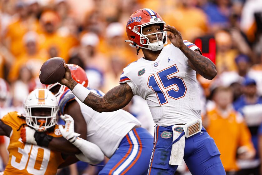Florida quarterback Anthony Richardson (15) throws a pass during the second half of the team's NCAA college football game against Tennessee on Saturday, Sept. 24, 2022, in Knoxville, Tenn. Tennessee won 38-33. (AP Photo/Wade Payne)