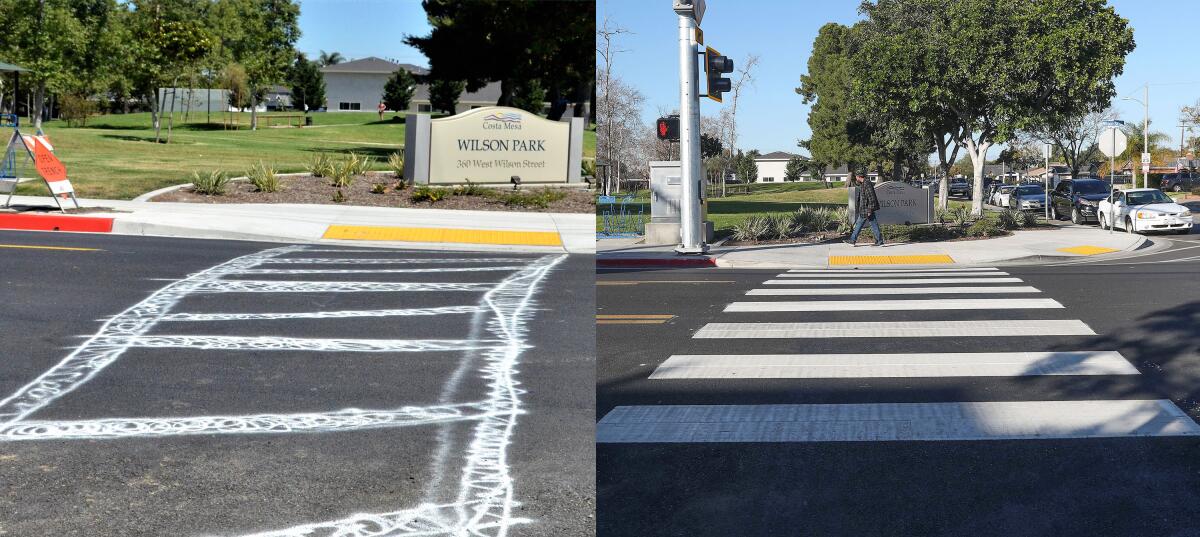Side-by-side images show a makeshift crosswalk and the official crosswalk.