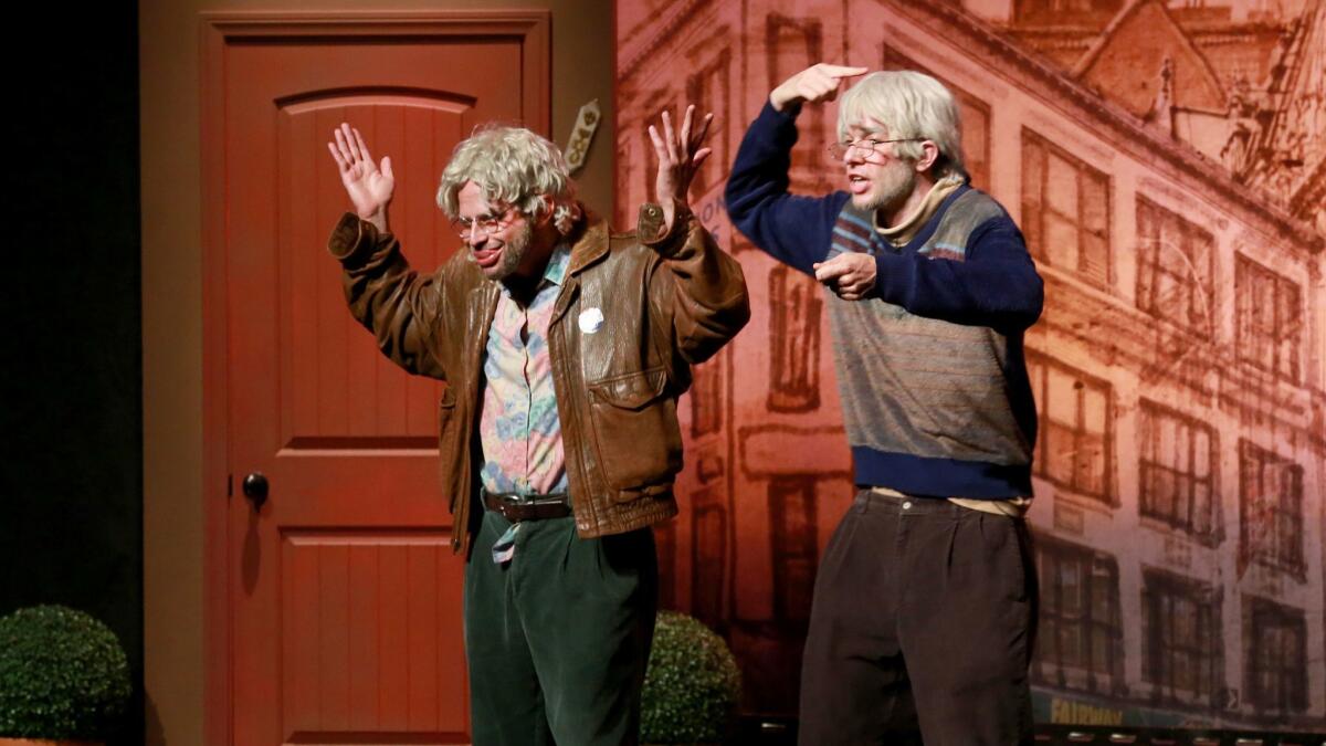 Nick Kroll, left, and John Mulaney perform "Oh Hello" in Los Angeles in March, before taking the show to New York.