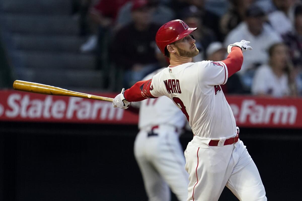 The Angels' Taylor Ward follows through on a grand slam against the Cleveland Guardians on April 27.