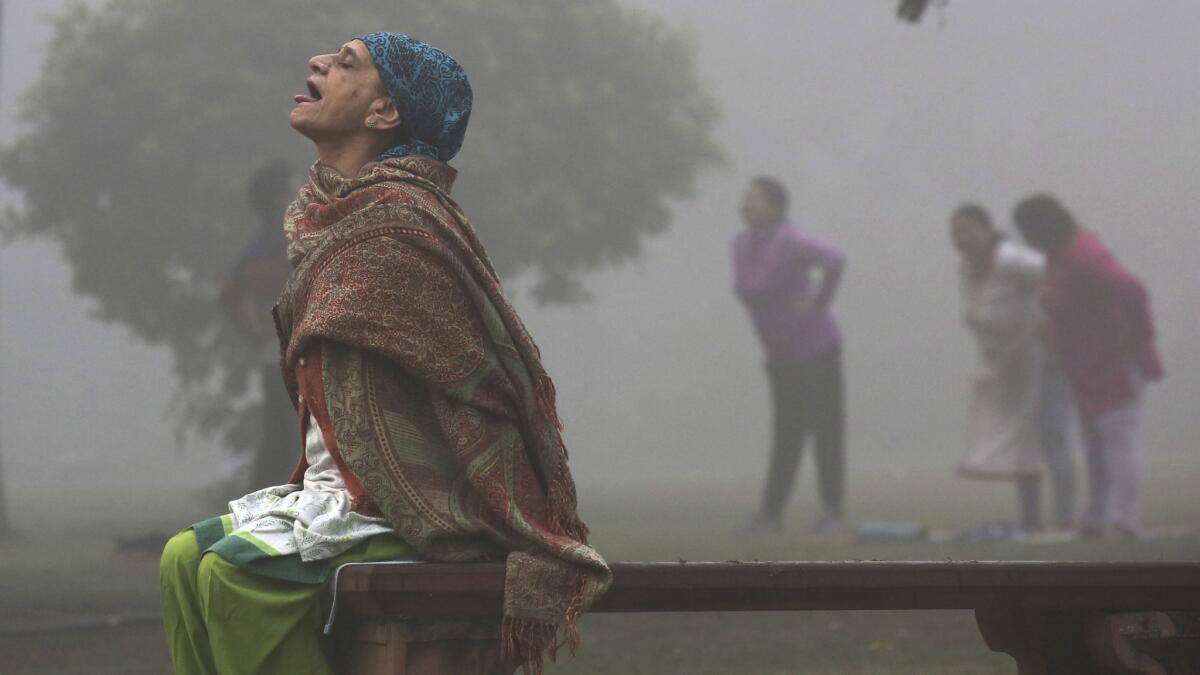 Undeterred by the smog and smoke, a woman performs yoga in the Lodhi garden in New Delhi.
