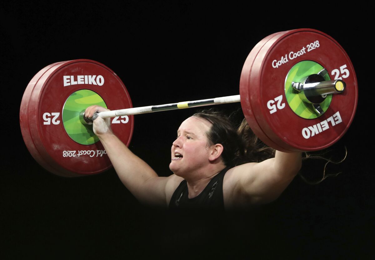 Laurel Hubbard lifts in the snatch at the 2018 Commonwealth Games.