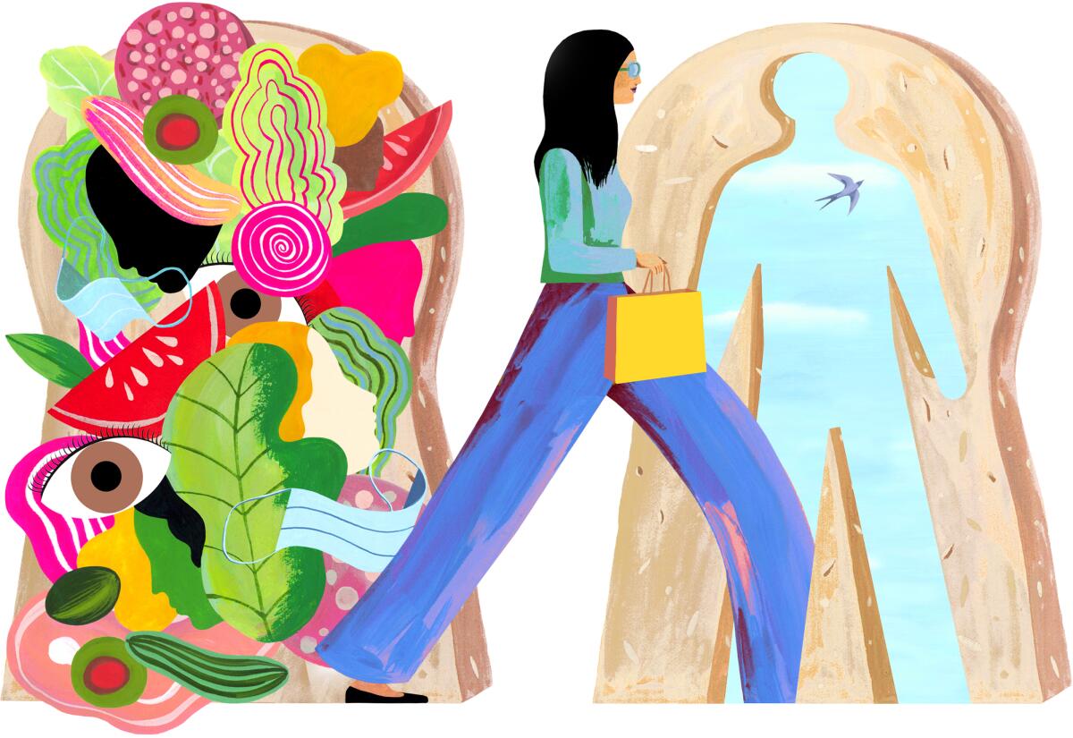A woman striding past a psychedelic-looking sandwich and into a slice of bread with the silhouette of a man cut out of it.