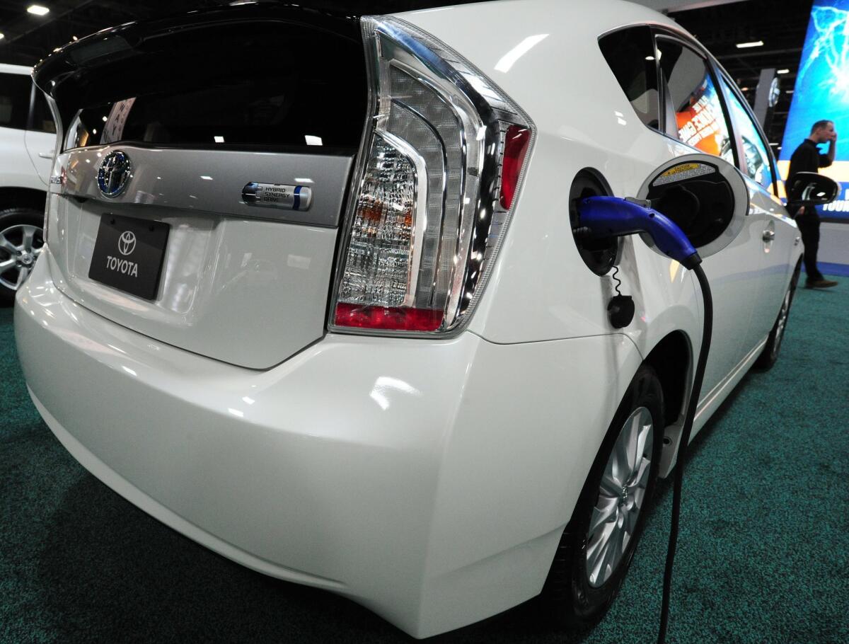 A Toyota Prius hybrid car on display at the 2012 Washington Auto Show in Washington, DC.
