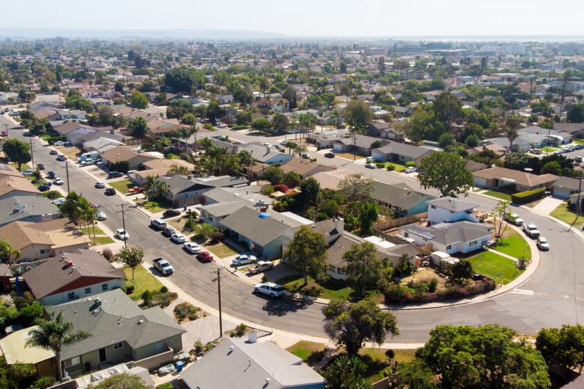 Chula Vista, CA - September 20: An aerial view of a Chula Vista neighborhood where home prices have dropped for the second month in a row on Monday, Sept. 20, 2021 in Chula Vista, CA. (Jarrod Valliere / The San Diego Union-Tribune)