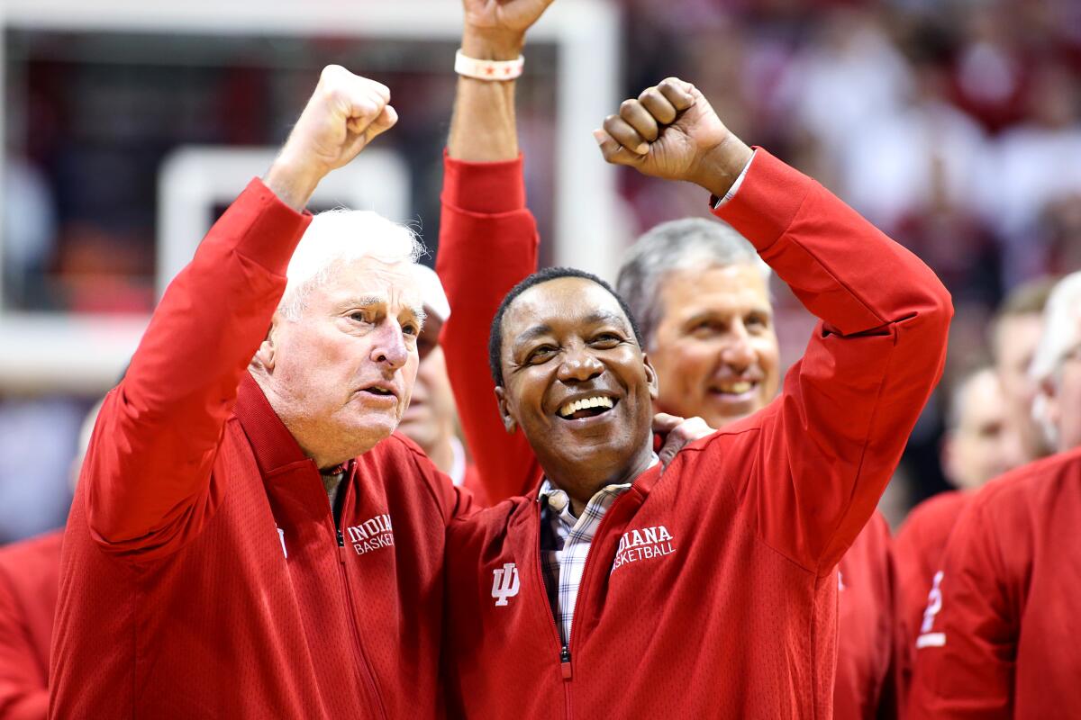 Former Indiana coach Bob Knight and former Indiana star Isiah Thomas during a game against Purdue on Feb. 8.