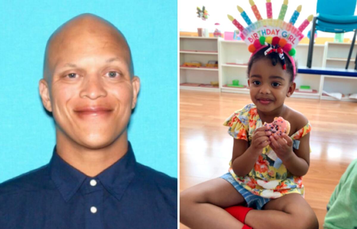 Two photos: A bald man, smiling, and a young girl eating a doughnut and wearing a "birthday girl" crown.