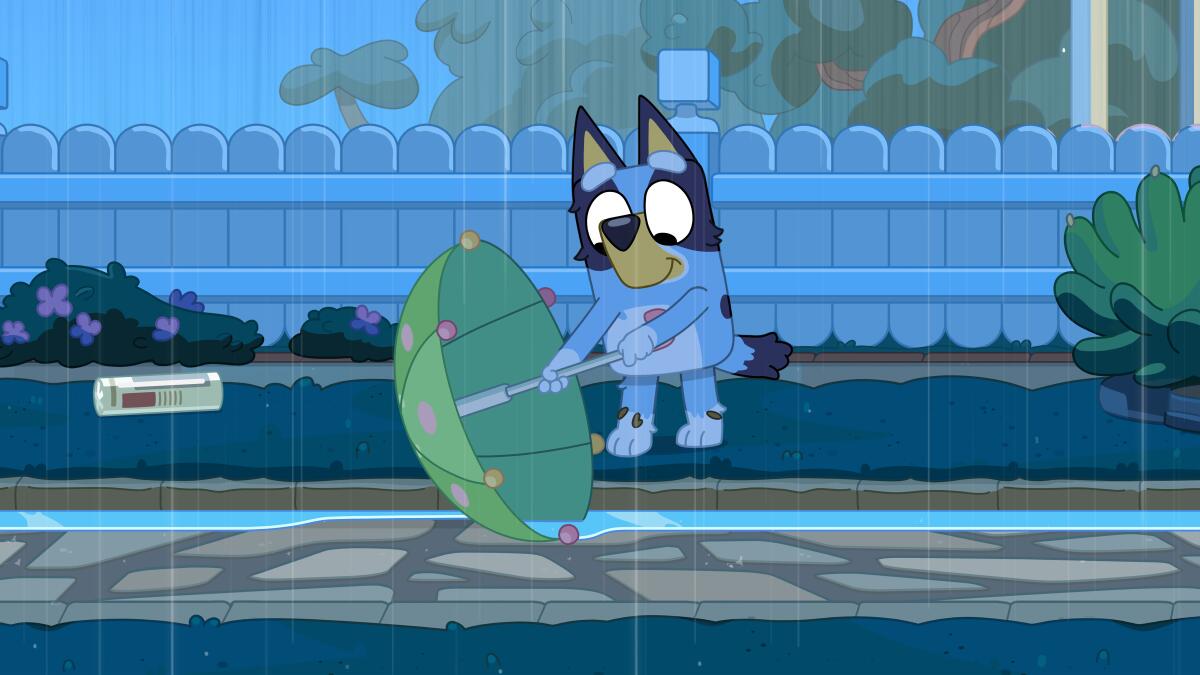 A cartoon dog holding an umbrella in the rain