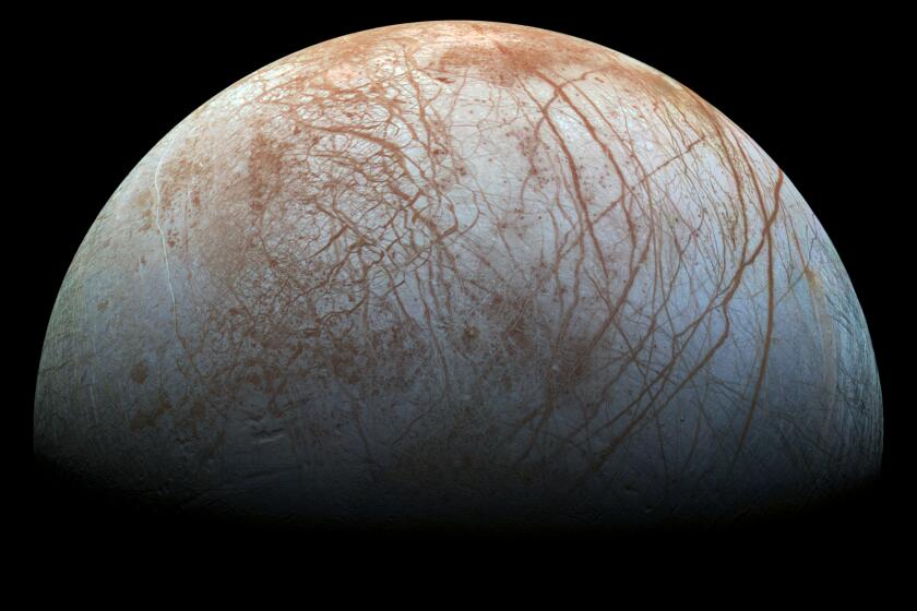 The surface of Jupiter's icy moon Europa as seen by NASA's Galileo spacecraft in the late 1990s. 