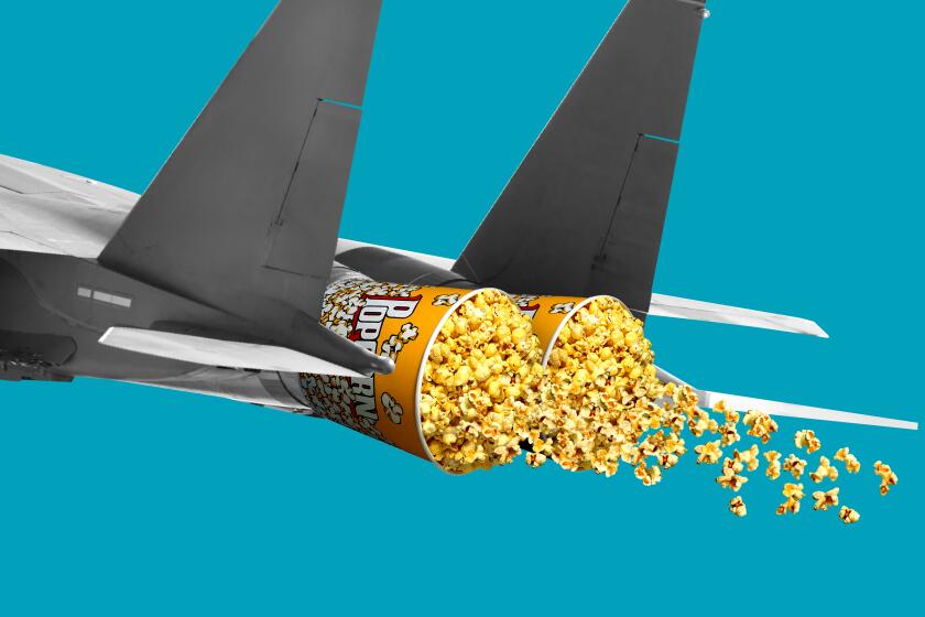 photo illustration of a fighter jet with popcorn buckets as exhaust jets.