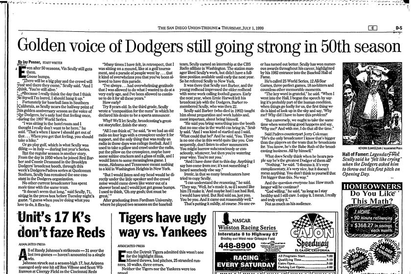 Sports page from The San Diego Union-Tribune, Thursday, July 1, 1999.