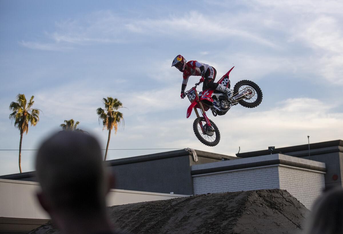 Supercross star Hunter Lawrence launches over a jump at the South Coast Plaza in Costa Mesa Wednesday, Jan. 5.
